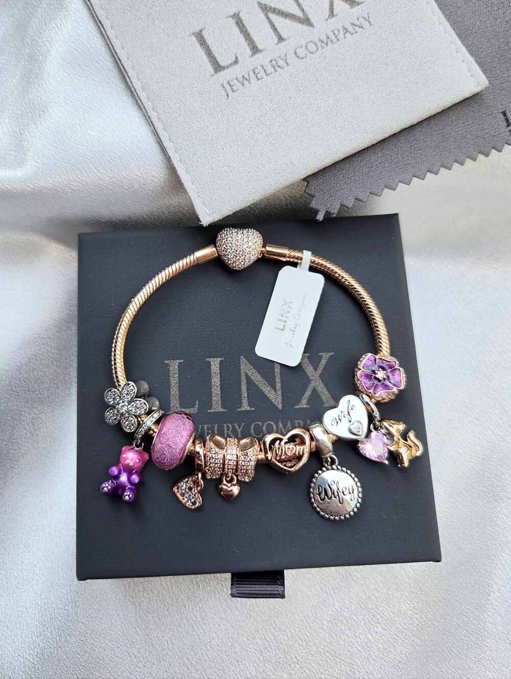Linx Rose Gold Snake Chain Bracelet With Wife And Mom Themed Charms